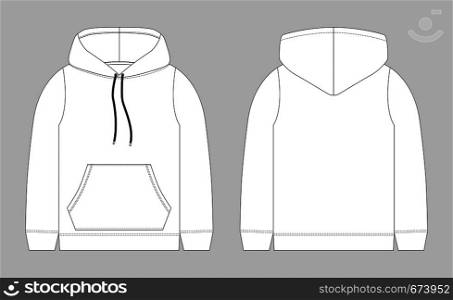 Technical sketch for men hoodie. Mockup template hoody. Front and back view. Technical drawing kids clothes. Sportswear, casual urban style. Isolated object of fashion stylish wear. Technical sketch for men hoodie. Mockup template hoody.