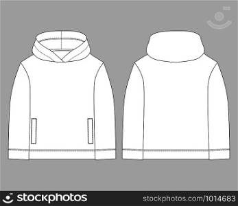 Technical sketch for men hoodie. Mockup template hoody. Technical drawing kids clothes. Front and back view. Casual urban style. Isolated on gray background. Vector illustration. Technical sketch for men hoodie. Mockup template hoody.