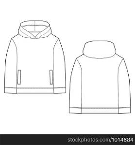 Technical sketch for men hoodie. Template hoody. Technical drawing kids clothes. Sportswear, casual urban style. Isolated object of stylish wear. Vector illustration. Technical sketch for men hoodie. Mockup template hoody. Technical drawing kids clothes