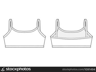 Technical sketch girl bra. Women&rsquo;s underwear top design template. Front and back views. Children&rsquo;s underclothing isolated on white background. Vector illustration. Technical sketch girl bra. Women&rsquo;s underwear top design template.