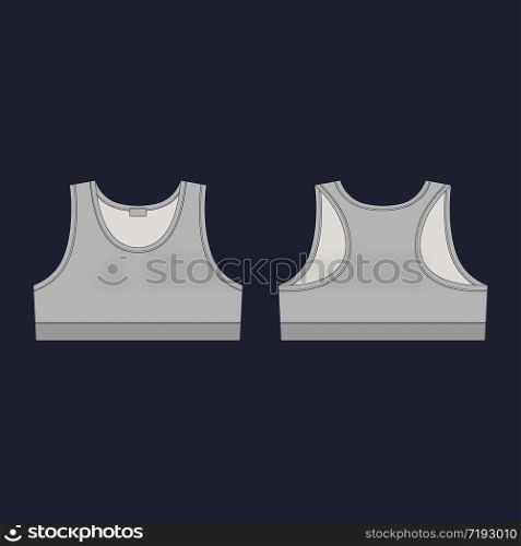 Technical sketch girl sports bra in gray colors. Women&rsquo;s sport underwear design template on black background. Front and back views dashion vector illustration. Technical sketch girl sports bra in gray colors. Women&rsquo;s sport underwear design