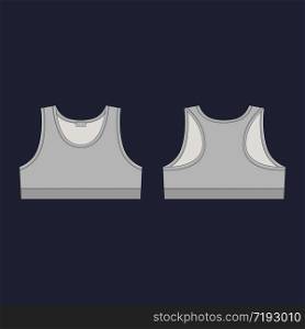 Technical sketch girl sports bra in gray colors. Women&rsquo;s sport underwear design template on black background. Front and back views dashion vector illustration. Technical sketch girl sports bra in gray colors. Women&rsquo;s sport underwear design