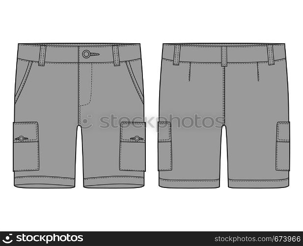 Technical sketch grey cargo shorts pants design template. Cargo Pants. Fashion vector illustration on white background. Technical sketch grey cargo shorts pants design template.