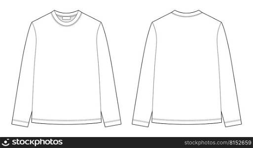 Technical sketch long sleeve t-shirt. Kids wear jumper design template. Front and back views. Vector CAD technical fashion illustration.. Technical sketch long sleeve t-shirt. Kids wear jumper design template.