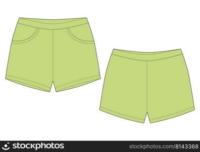 Technical sketch sleep shorts pants design template. Light green color. Elastic sport shorts. Casual clothes. Front and back. Fashion vector illustration. CAD mockup. Technical sketch sleep shorts pants design template. Light green color.