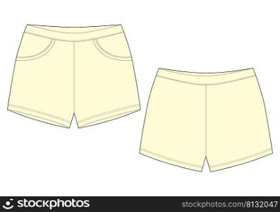 Technical sketch sleep shorts pants design template. Milk color. Elastic sport shorts. Casual clothes. Front and back. Fashion vector illustration. CAD mockup. Technical sketch sleep shorts pants design template. Milk color. Elastic sport shorts.
