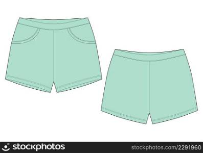 Technical sketch sleep shorts pants design template. Mint color. Elastic sport shorts. Casual clothes. Front and back. Fashion vector illustration. CAD mockup. Technical sketch sleep shorts pants design template