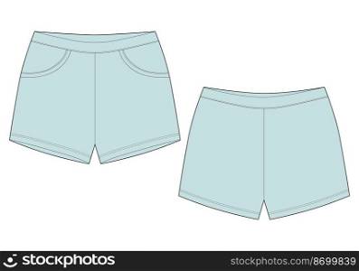 Technical sketch sleep shorts pants design template. Mint color. Elastic sport shorts. Casual clothes. Front and back. Fashion vector illustration. CAD mockup. Technical sketch sleep shorts pants design template. Mint color. Elastic sport shorts.