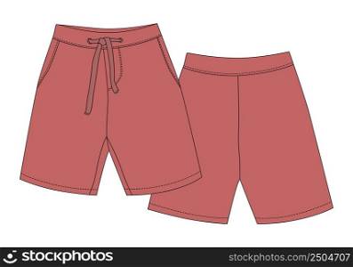 Technical sketch sport shorts pants design. Coral color. Boy clothes template. Casual style. CAD mockup. Back and front view. Design for packaging, fashion catalog. Vector illustration. Technical sketch sport shorts pants design. Coral color. Boy clothes template. Casual style.