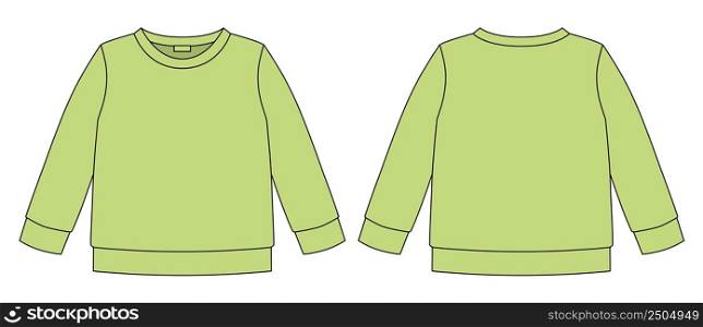 Technical sketch sweatshirt. Kids wear jumper design template. Light green color. Front and back view. Front and back view. CAD fashion design. Technical sketch sweatshirt. Kids wear jumper design template. Light green color.