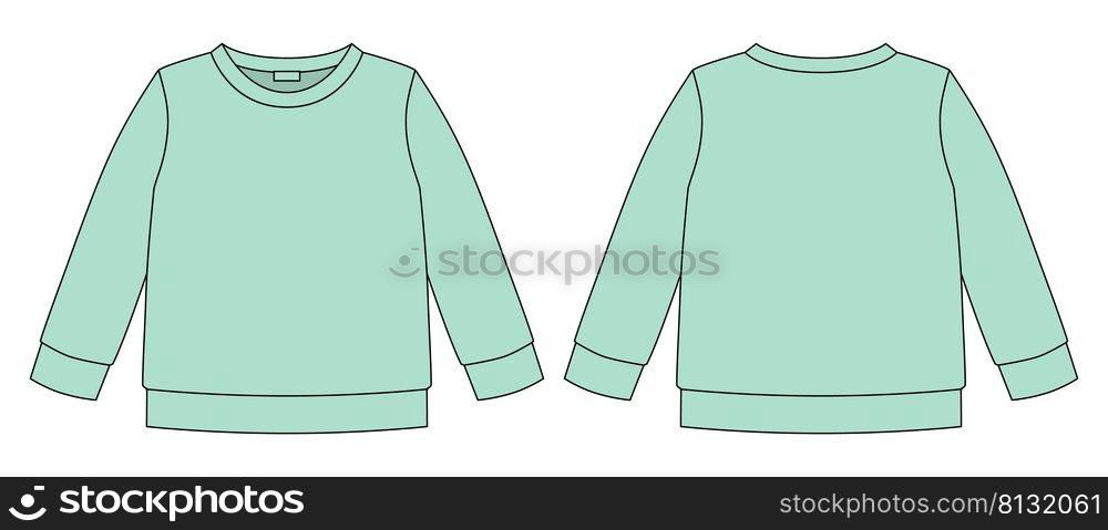 Technical sketch sweatshirt. Kids wear jumper design template. Mint color. Front and back view. Front and back view. CAD fashion design. Technical sketch sweatshirt. Kids wear jumper design template. Mint color.