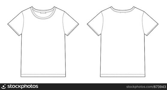Technical sketch unisex black t-shirt design template. Front and back vector.. Technical sketch unisex black t-shirt design template.