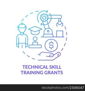 Technical skill training grants blue gradient concept icon. Professional growth. Small business incentives abstract idea thin line illustration. Isolated outline drawing. Myriad Pro-Bold font used. Technical skill training grants blue gradient concept icon