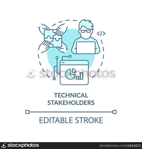 Technical stakeholders turquoise concept icon. IT specialist. Type of stakeholder abstract idea thin line illustration. Isolated outline drawing. Editable stroke. Arial, Myriad Pro-Bold fonts used. Technical stakeholders turquoise concept icon