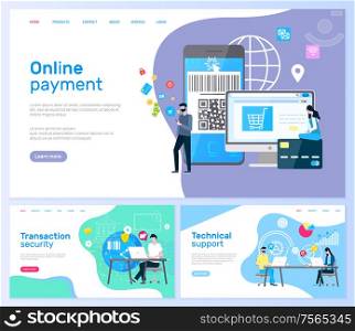 Technical support and online payment, transaction services vector. Computer monitor and smartphone, laptop and operators in headphones, global network. Website template, landing page in flat style. Technical Support and Online Payment, Transaction