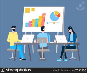 Technical support and presentation with graphics and chart vector. Men and woman in headset work in online office with laptops on chairs near desktop. Technical Support and Presentation with Graphics