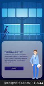Technical Support Banner. Man Engineer in Datacenter Room Illustration. Technology Networking Device Electronic. Cloud Storage Service Datacenter Workplace. Maintenance, Development and Repair.. Technical Support Banner. Engineer in Datacenter