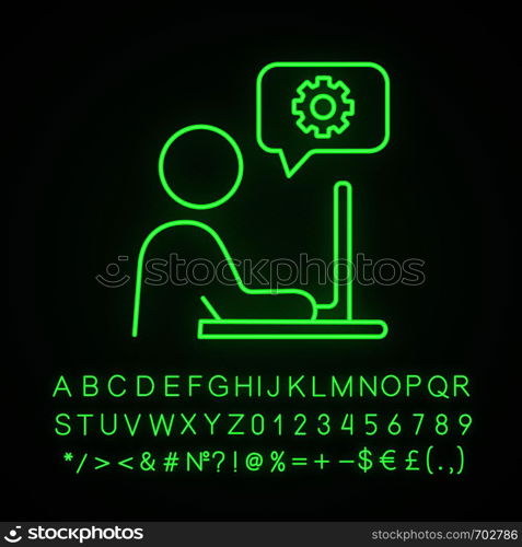 Technical support chat neon light icon. Site administrator. Online support. Glowing sign with alphabet, numbers and symbols. Online settings. Vector isolated illustration. Technical support chat neon light icon