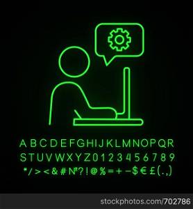 Technical support chat neon light icon. Site administrator. Online support. Glowing sign with alphabet, numbers and symbols. Online settings. Vector isolated illustration. Technical support chat neon light icon