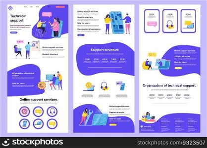 Technical support flat landing page. Online consultation and assistance service corporate website design. Web banner with header, middle content, footer. Vector illustration with people characters.