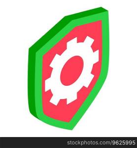 Technical support icon isometric vector. Symbolic shield with gear image inside. Maintenance concept. Technical support icon isometric vector. Symbolic shield with gear image inside