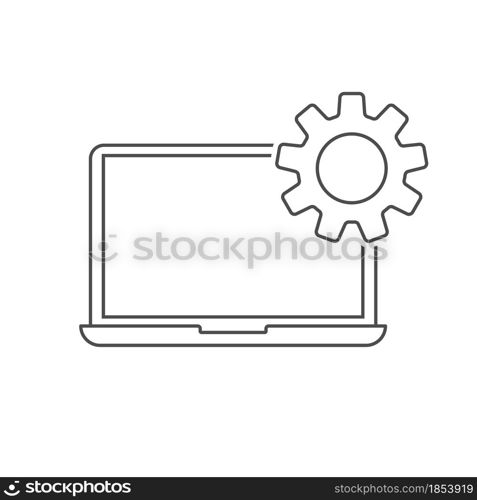 Technical support icon. Maintenance of computer equipment is a gear on the laptop screen. Flat style