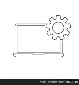 Technical support icon. Maintenance of computer equipment is a gear on the laptop screen. Flat style