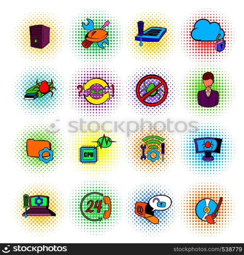 Technical support icons in comics style on a white background . Technical support icons, comics style