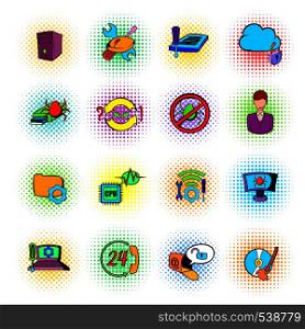 Technical support icons in comics style on a white background . Technical support icons, comics style