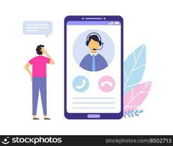 Technical support. Man contacting customer service. Assistant providing help to client online. Smartphone screen with worker in headset communicating with male character, answering questions vector. Technical support. Man contacting customer service. Assistant providing help to client online. Smartphone screen