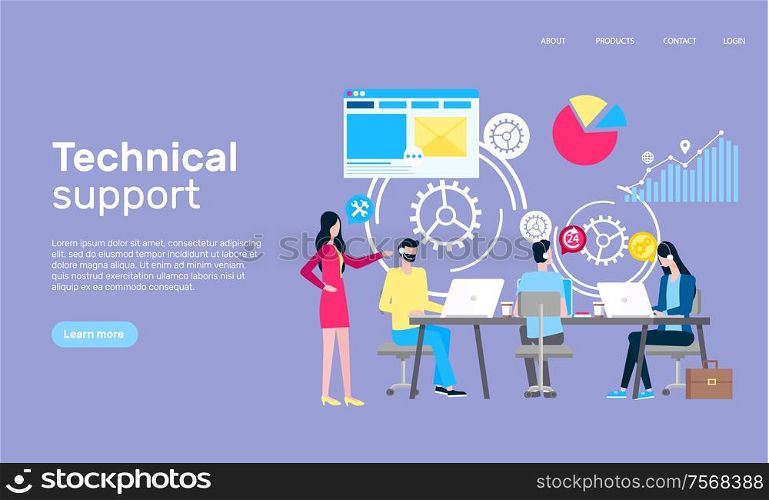 Technical support online web page, Internet shopping vector. Men and women work at laptops in informative help, boss and employees in headset, graphics. Technical Support Online Page, Internet Shopping