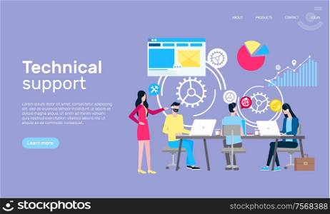 Technical support online web page, Internet shopping vector. Men and women work at laptops in informative help, boss and employees in headset, graphics. Technical Support Online Page, Internet Shopping
