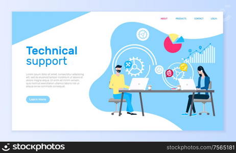 Technical support online web site, operators aid vector. Man and woman in headset at laptops answering messages and calls, graphics and diagrams or charts. Webpage template or landing page in flat style. Technical Support Online Web Page, Operators Aid