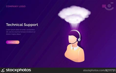 Technical support or online assistant isometric concept vector illustration. Female figure in headset with steam cloud over head, angry call center operator or telemarketer, isolated on purple banner. Technical support or online assistant isometric
