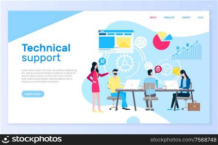 Technical support people answering questions help desk vector. Online communication clients, assistance with charts diagrams, brainstorming workers. Website or webpage template landing page in flat. Technical Support People Answering Questions Help