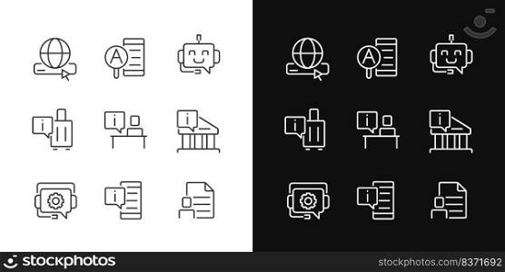 Technical support pixel perfect linear icons set for dark, light mode. Answers on customer questions. Thin line symbols for night, day theme. Isolated illustrations. Editable stroke. Technical support pixel perfect linear icons set for dark, light mode