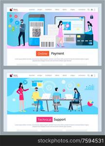 Technical support vector, people wearing headsets helping clients to solve problems. Online payment and transactions secure services set. Website or webpage template, landing page flat style. Technical Support and Online Payment Finances Web