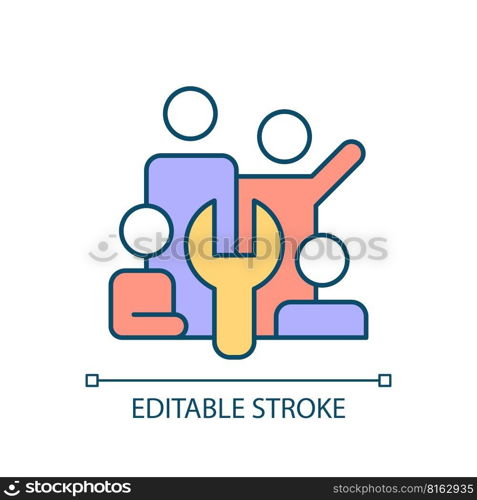 Technical team RGB color icon. Team cooperation. Fix trouble. Specialists collaboration. Professional technicians. Isolated vector illustration. Simple filled line drawing. Editable stroke. Technical team RGB color icon