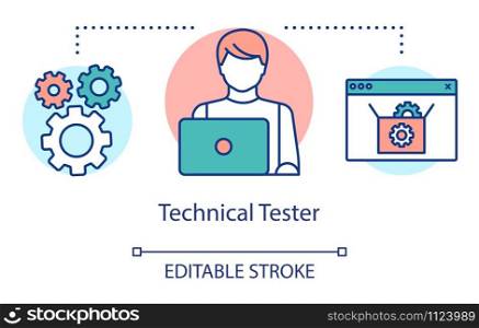 Technical tester concept icon. IT employee idea thin line illustration. Software testing specialist. Indicating issues and problems. Vector isolated outline drawing. Editable stroke