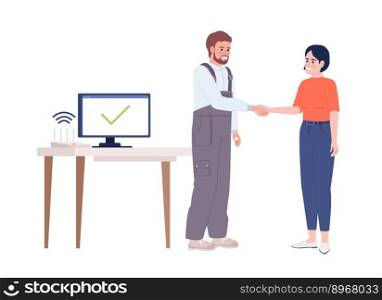 Technician fixing internet problem successfully semi flat color vector characters. Editable figures. Full body people on white. Simple cartoon style illustration for web graphic design and animation. Technician fixing internet problem successfully semi flat color vector characters