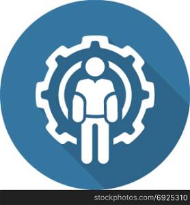 Technician Icon. Man and Cog Wheel. Engineering Symbol.. Technician Icon. Man and Cog Wheel. Engineering Symbol. Flat Line Pictogram. Isolated on white background. Long Shadow.