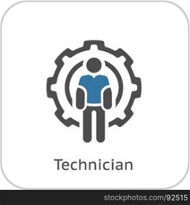 Technician Icon. Man and Cog Wheel. Engineering Symbol.. Technician Icon. Man and Cog Wheel. Engineering Symbol. Flat Line Pictogram. Isolated on white background.