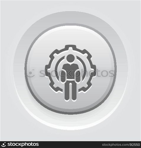 Technician Icon. Man and Cog Wheel. Engineering Symbol.. Technician Icon. Man and Cog Wheel. Engineering Symbol. Flat Line Pictogram. Isolated on white background. Grey Button Design.