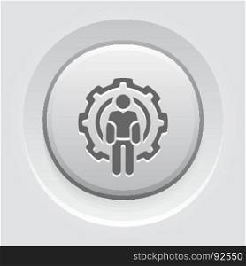 Technician Icon. Man and Cog Wheel. Engineering Symbol.. Technician Icon. Man and Cog Wheel. Engineering Symbol. Flat Line Pictogram. Isolated on white background. Grey Button Design.