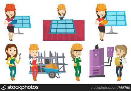 Technician installing solar panels on roof. Technician in hard hat checking solar panel on roof. Technician adjusting solar panel. Set of vector flat design illustrations isolated on white background.. Vector set of constructors and builders characters