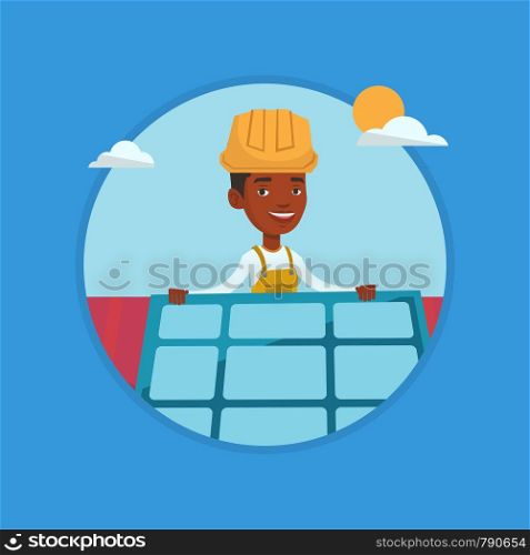 Technician installing solar panels on roof. Technician in hard hat checking solar panel on roof. Technician adjusting solar panel. Vector flat design illustration in the circle isolated on background.. Constructor installing solar panel.