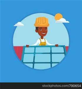 Technician installing solar panels on roof. Technician in hard hat checking solar panel on roof. Technician adjusting solar panel. Vector flat design illustration in the circle isolated on background.. Constructor installing solar panel.