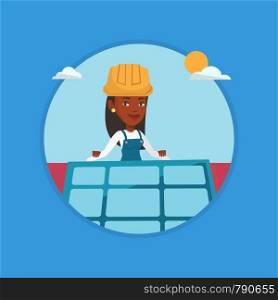Technician installing solar panels on roof. Technician in hard hat checking solar panel on roof. Technician adjusting solar panel. Vector flat design illustration in the circle isolated on background.. Technician installing solar panel on roof.