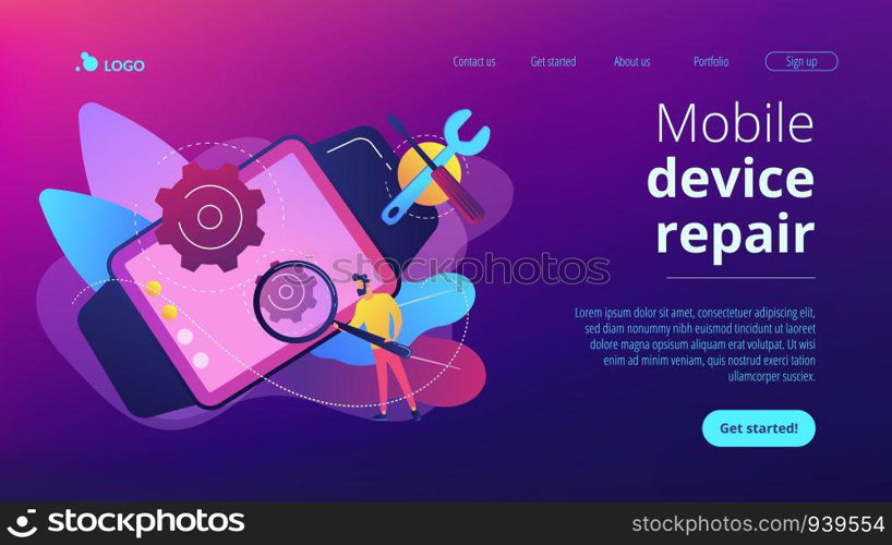 Technician with magnifier repairing smartwatch, wrench and scewdriver. Mobile device repair, tablet service and setup, smartwatch repair cooncept. Website vibrant violet landing web page template.. Mobile device repair concept landing page.