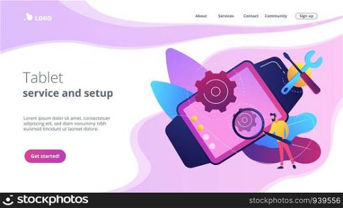 Technician with magnifier repairing smartwatch, wrench and scewdriver. Mobile device repair, tablet service and setup, smartwatch repair cooncept. Website vibrant violet landing web page template.. Mobile device repair concept landing page.